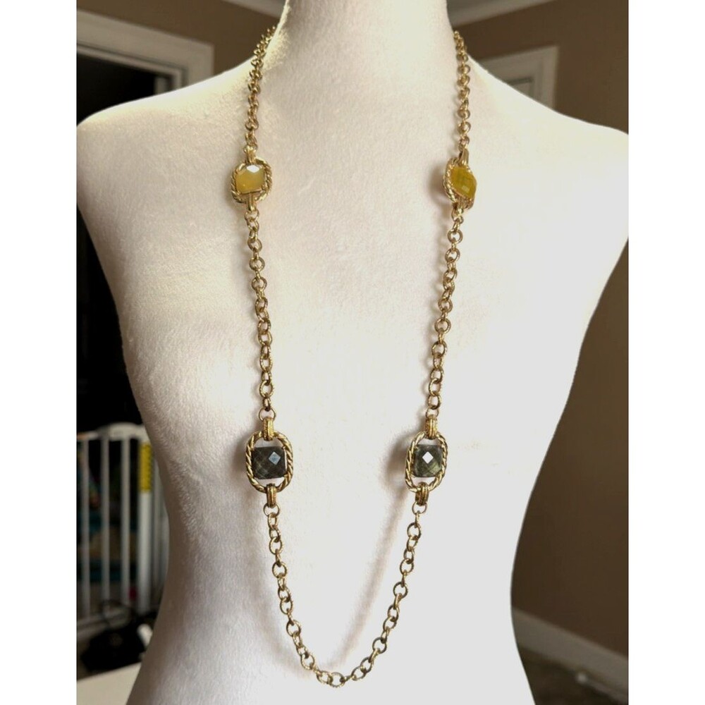 Vintage Alfani Amber Topaz Glass Cabochon Necklace 52” Long Gold Tone Chain
